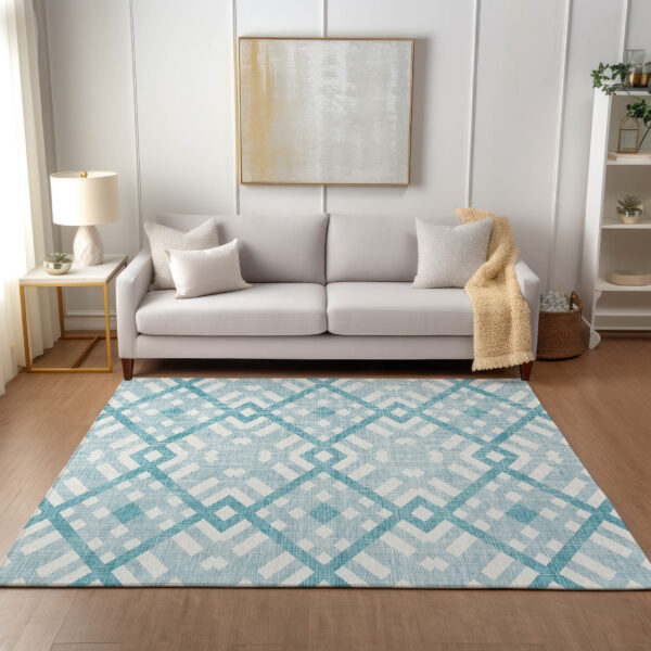 3' X 5' Teal Blue Aqua And Ivory Geometric Washable Indoor Outdoor Area Rug