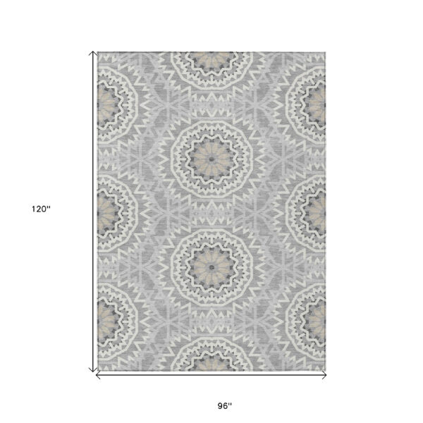 8' X 10' Gray Silver And Ivory Floral Medallion Washable Indoor Outdoor Area Rug