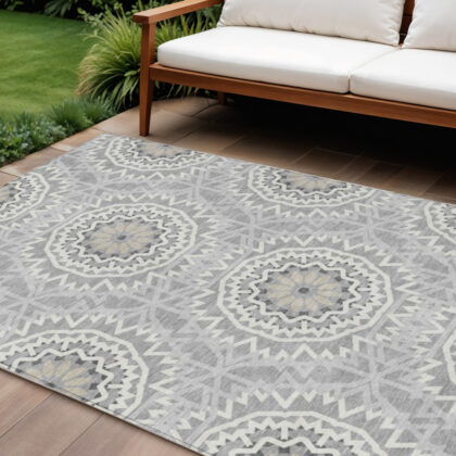 8' X 10' Gray Silver And Ivory Floral Medallion Washable Indoor Outdoor Area Rug