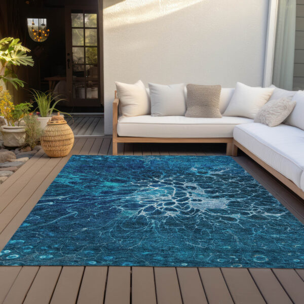 8' X 10' Navy Blue And Sky Blue Abstract Washable Indoor Outdoor Area Rug