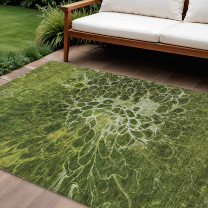 8' X 10' Olive Green And Sage Abstract Washable Indoor Outdoor Area Rug