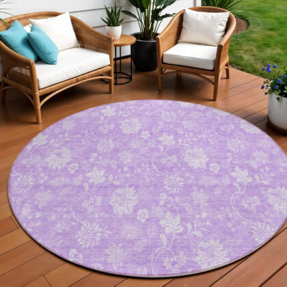 8' Lavender And Lilac Round Floral Washable Indoor Outdoor Area Rug
