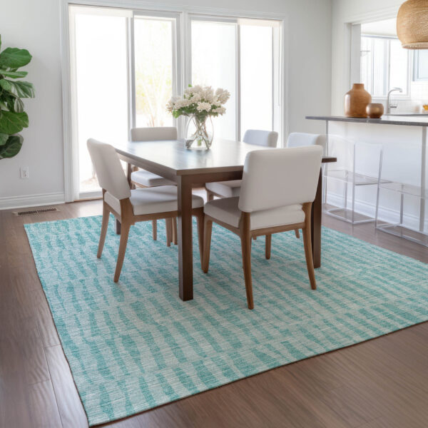 9' X 12' Teal Blue And Aqua Striped Washable Indoor Outdoor Area Rug