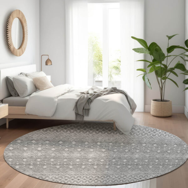 8' Silver Gray And Ivory Round Tribal Washable Indoor Outdoor Area Rug