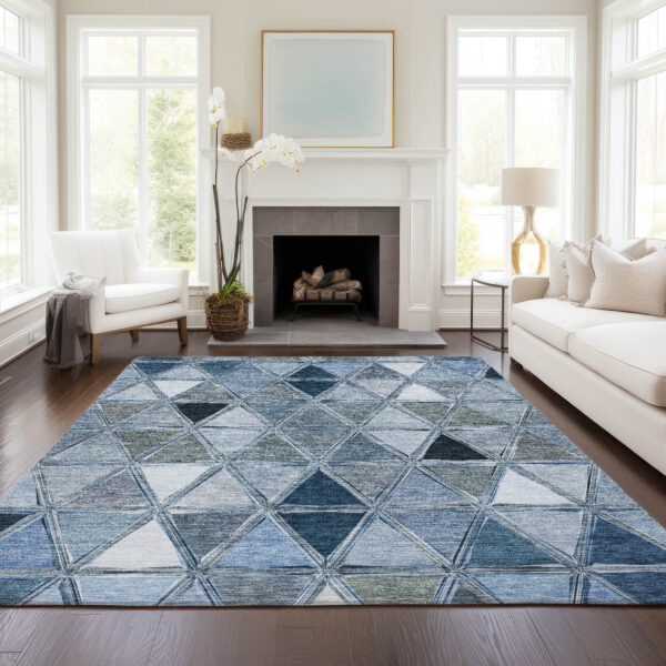8' X 10' Denim Blue And Sky Blue Geometric Washable Indoor Outdoor Area Rug