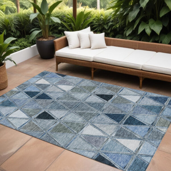 8' X 10' Denim Blue And Sky Blue Geometric Washable Indoor Outdoor Area Rug