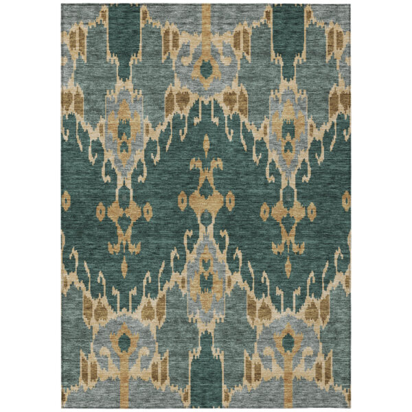 5' X 8' Green Gray And Gold Ikat Washable Indoor Outdoor Area Rug