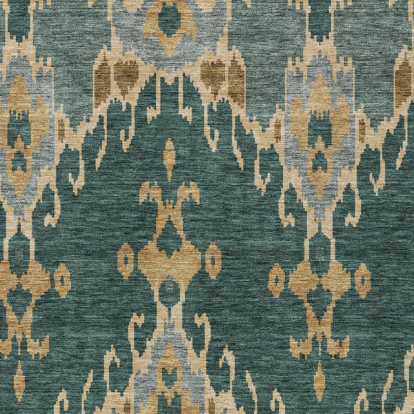 5' X 8' Green Gray And Gold Ikat Washable Indoor Outdoor Area Rug