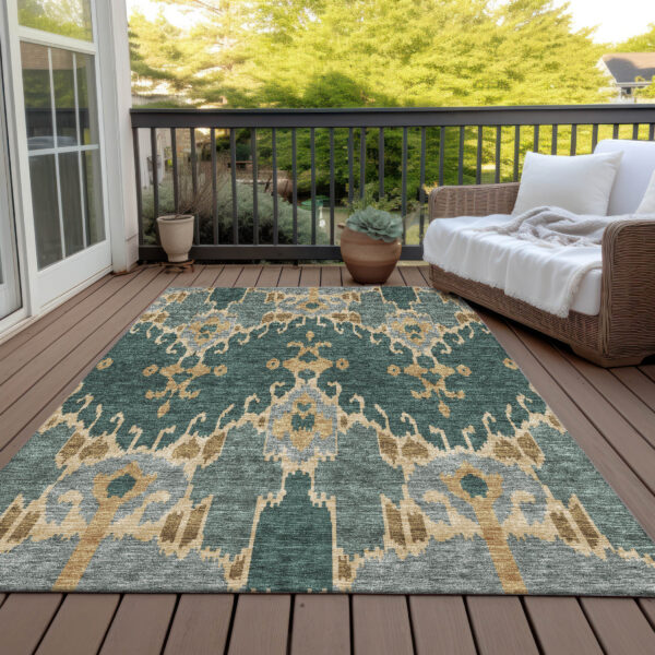 5' X 8' Green Gray And Gold Ikat Washable Indoor Outdoor Area Rug