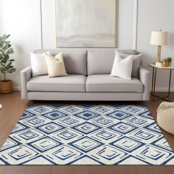 10' X 14' Navy Blue And Ivory Geometric Washable Indoor Outdoor Area Rug