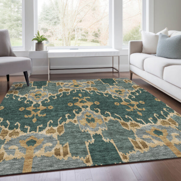 5' X 8' Green Gray And Gold Ikat Washable Indoor Outdoor Area Rug