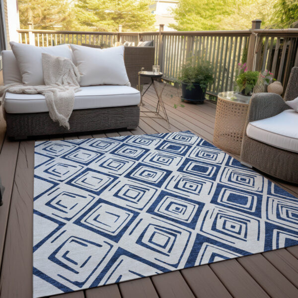 10' X 14' Navy Blue And Ivory Geometric Washable Indoor Outdoor Area Rug