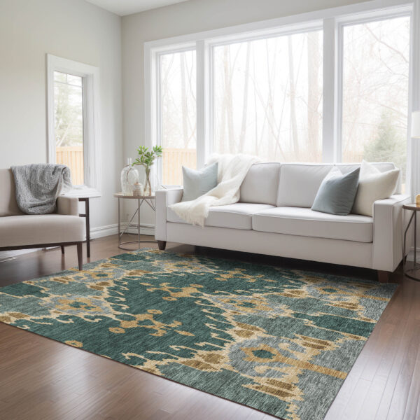 5' X 8' Green Gray And Gold Ikat Washable Indoor Outdoor Area Rug