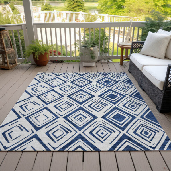 10' X 14' Navy Blue And Ivory Geometric Washable Indoor Outdoor Area Rug