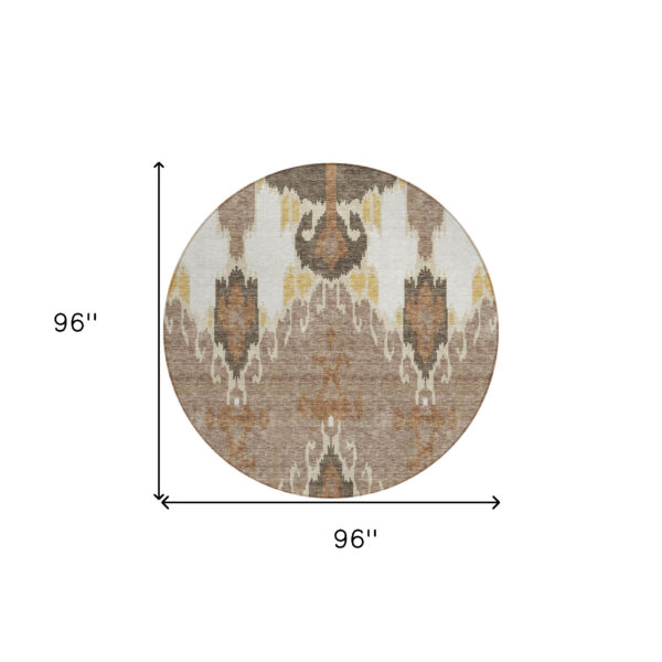 8' Brown Taupe And Beige Round Ikat Washable Indoor Outdoor Area Rug
