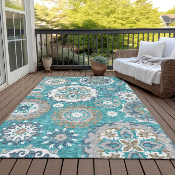 5' X 8' Teal Blue Taupe And Gray Floral Medallion Washable Indoor Outdoor Area Rug