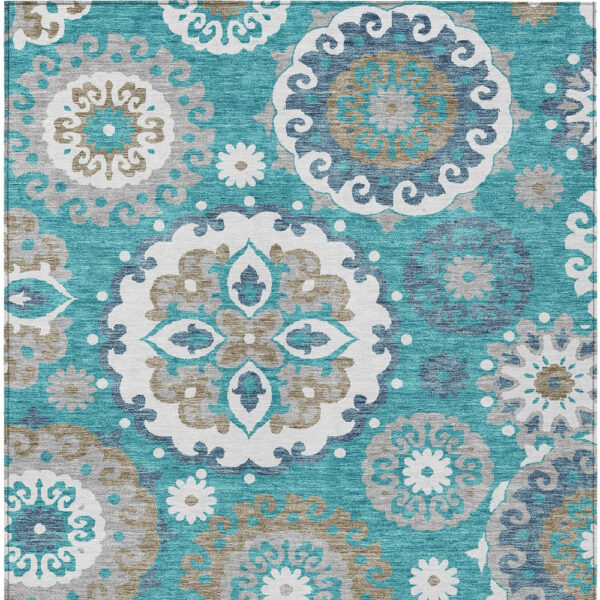 5' X 8' Teal Blue Taupe And Gray Floral Medallion Washable Indoor Outdoor Area Rug