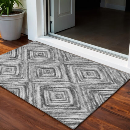 3' X 5' Gray Silver And Ivory Geometric Washable Indoor Outdoor Area Rug
