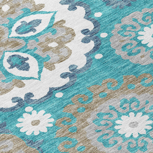 5' X 8' Teal Blue Taupe And Gray Floral Medallion Washable Indoor Outdoor Area Rug