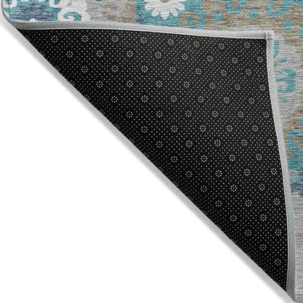 5' X 8' Teal Blue Taupe And Gray Floral Medallion Washable Indoor Outdoor Area Rug