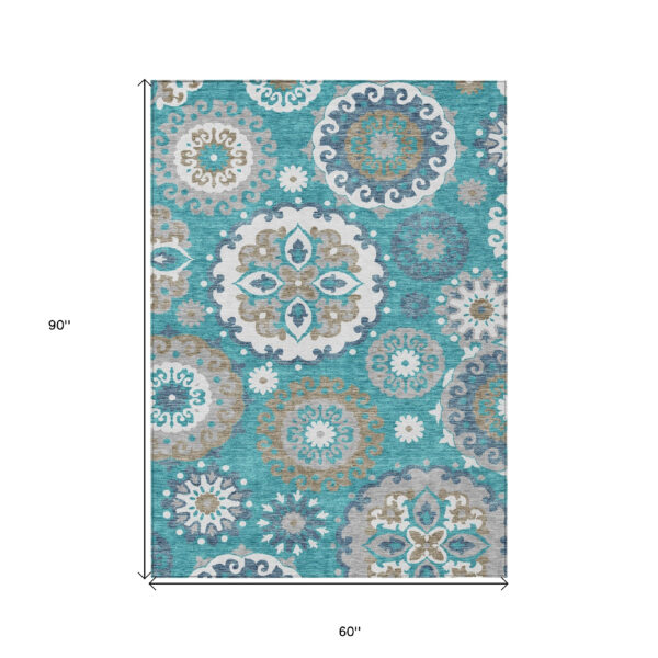 5' X 8' Teal Blue Taupe And Gray Floral Medallion Washable Indoor Outdoor Area Rug