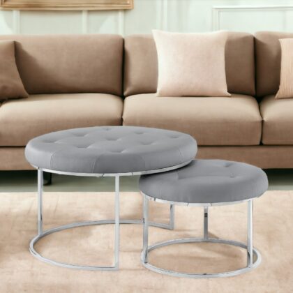 Set of Two Gray Faux Leather and Silver Tufted Round Ottomans