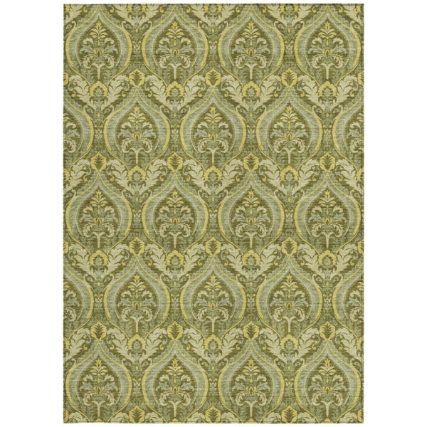 10' X 14' Green Damask Washable Non Skid Indoor Outdoor Area Rug