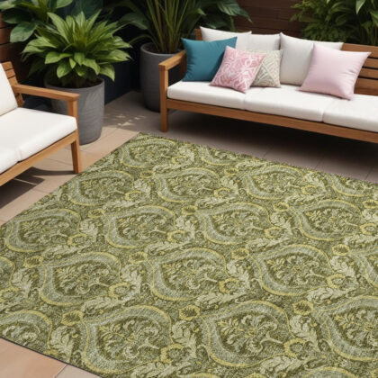 10' X 14' Green Damask Washable Non Skid Indoor Outdoor Area Rug