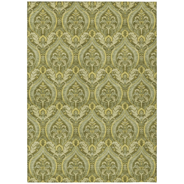 10' X 14' Green Damask Washable Non Skid Indoor Outdoor Area Rug
