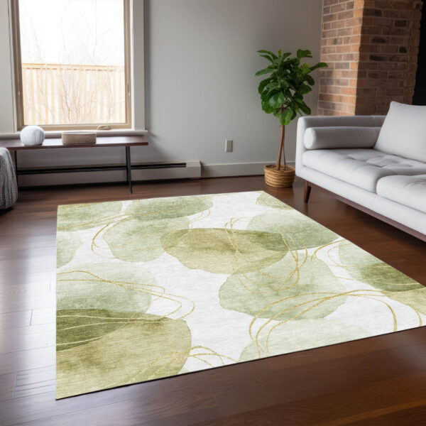 9' X 12' Green and Ivory Abstract Washable Non Skid Indoor Outdoor Area Rug