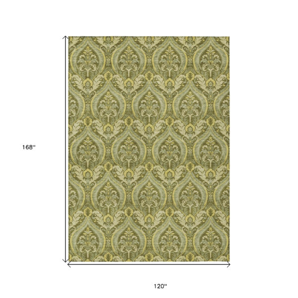 10' X 14' Green Damask Washable Non Skid Indoor Outdoor Area Rug