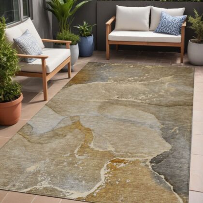 5' X 8' Brown Beige and Gold Abstract Washable Indoor Outdoor Area Rug