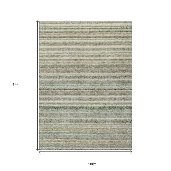9' X 12' Sage Mint Green And Beige Striped Washable Indoor Outdoor Area Rug