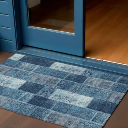 3' X 5' Navy Blue And Sky Blue Patchwork Washable Indoor Outdoor Area Rug