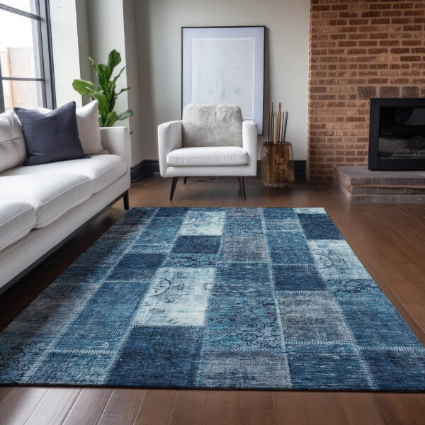 3' X 5' Navy Blue And Sky Blue Patchwork Washable Indoor Outdoor Area Rug