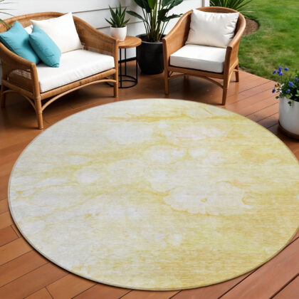 8' Gold Beige And Ivory Round Abstract Washable Indoor Outdoor Area Rug