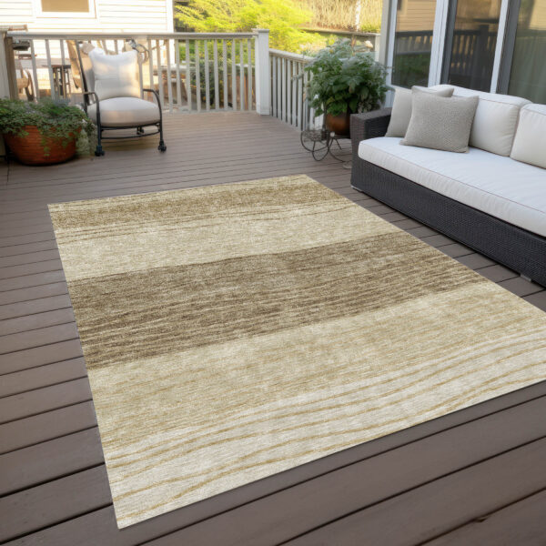9' X 12' Beige Brown And Taupe Striped Washable Indoor Outdoor Area Rug