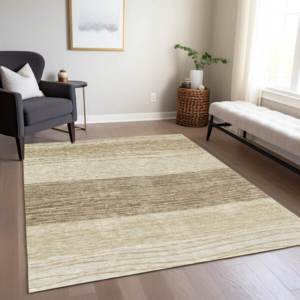 9' X 12' Beige Brown And Taupe Striped Washable Indoor Outdoor Area Rug