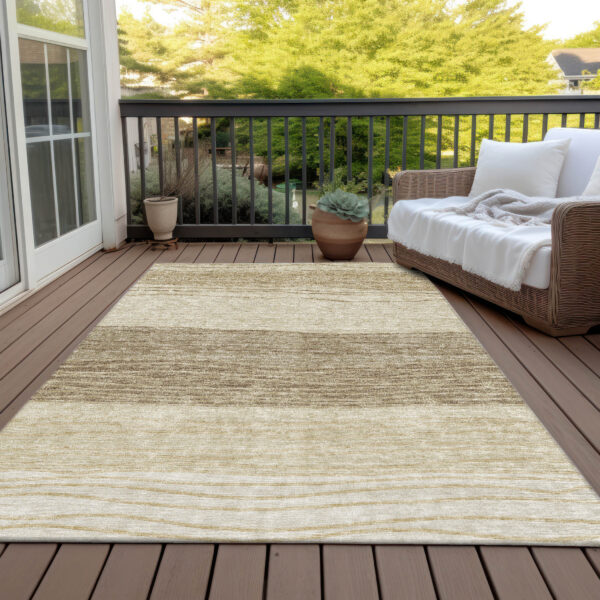 9' X 12' Beige Brown And Taupe Striped Washable Indoor Outdoor Area Rug