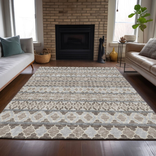 9' X 12' Taupe Beige And Gray Quatrefoil Washable Indoor Outdoor Area Rug