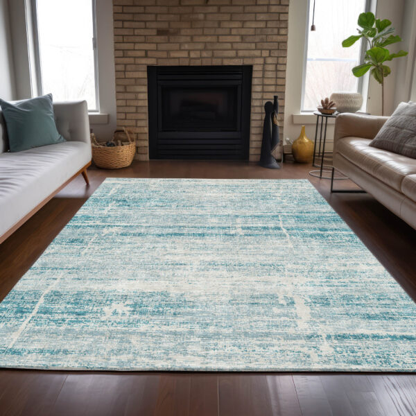 8' X 10' Teal Blue Aqua And Ivory Abstract Washable Indoor Outdoor Area Rug