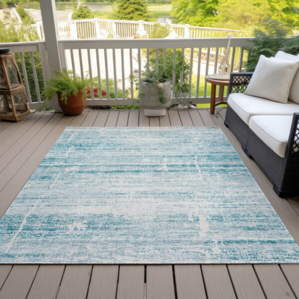 8' X 10' Teal Blue Aqua And Ivory Abstract Washable Indoor Outdoor Area Rug