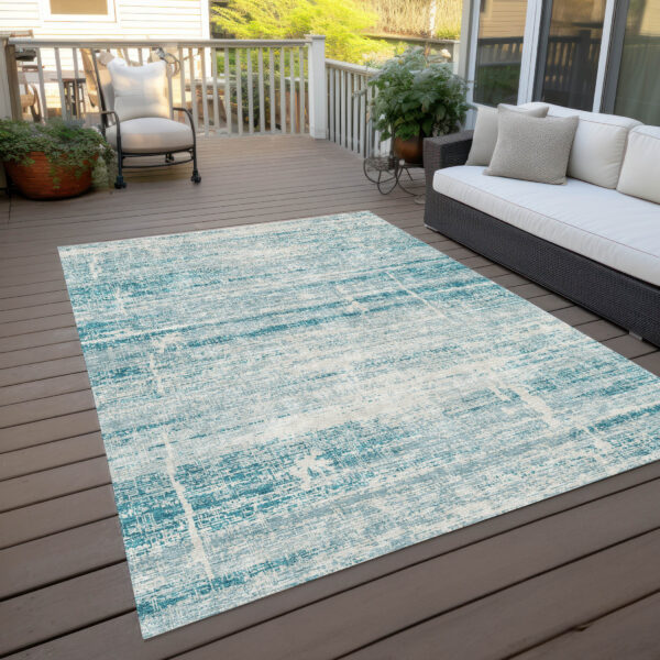 8' X 10' Teal Blue Aqua And Ivory Abstract Washable Indoor Outdoor Area Rug