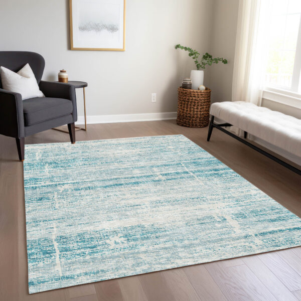 8' X 10' Teal Blue Aqua And Ivory Abstract Washable Indoor Outdoor Area Rug