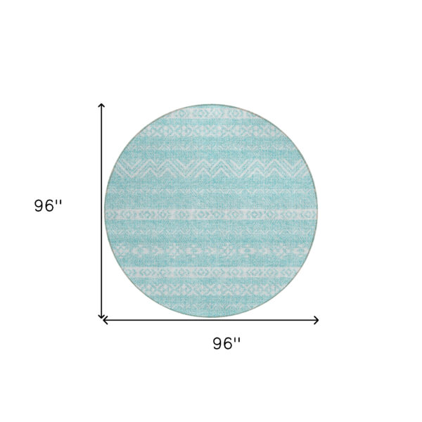8' Teal Blue And Aqua Round Southwestern Washable Indoor Outdoor Area Rug