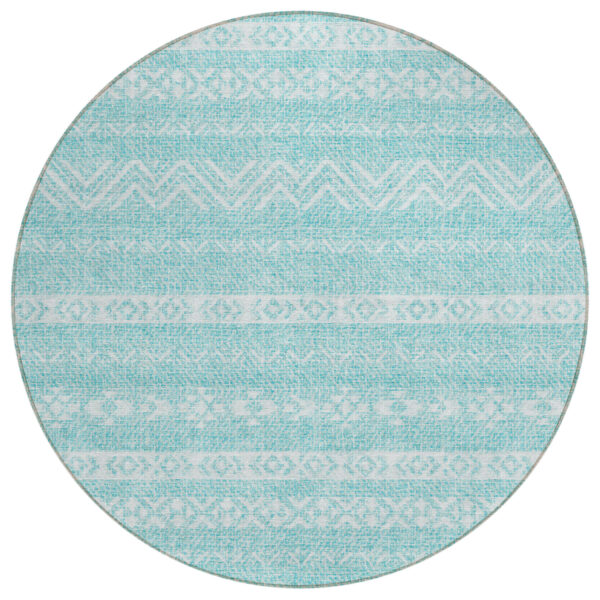 8' Teal Blue And Aqua Round Southwestern Washable Indoor Outdoor Area Rug