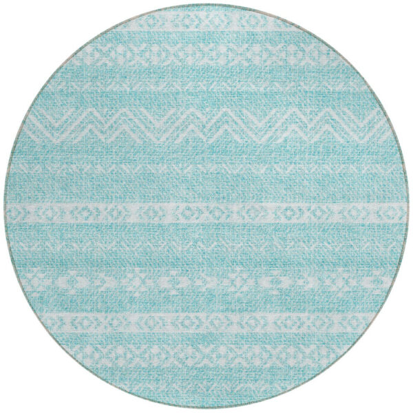 8' Teal Blue And Aqua Round Southwestern Washable Indoor Outdoor Area Rug