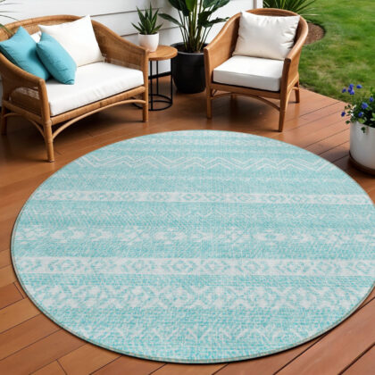 8' Teal Blue And Aqua Round Southwestern Washable Indoor Outdoor Area Rug