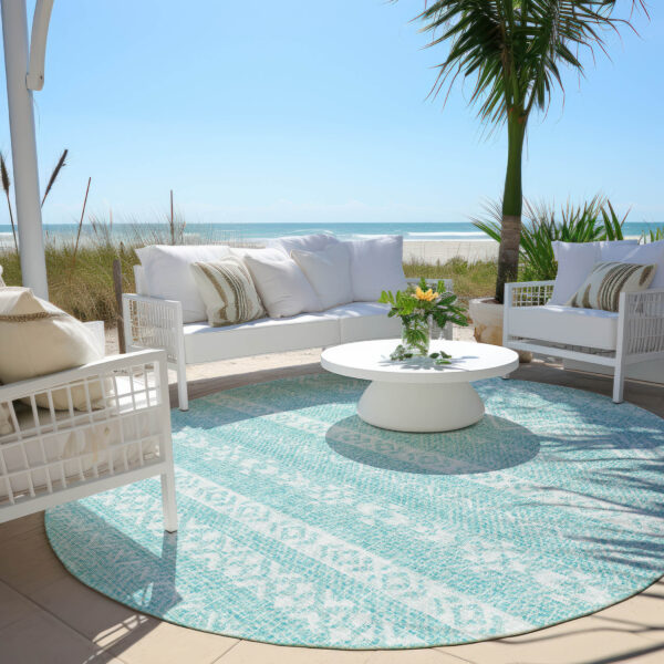 8' Teal Blue And Aqua Round Southwestern Washable Indoor Outdoor Area Rug