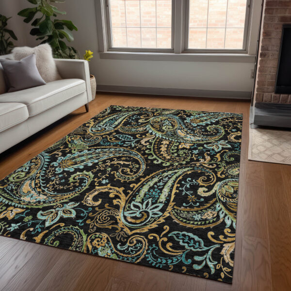 3' X 5' Black and Gold Paisley Washable Indoor Outdoor Area Rug